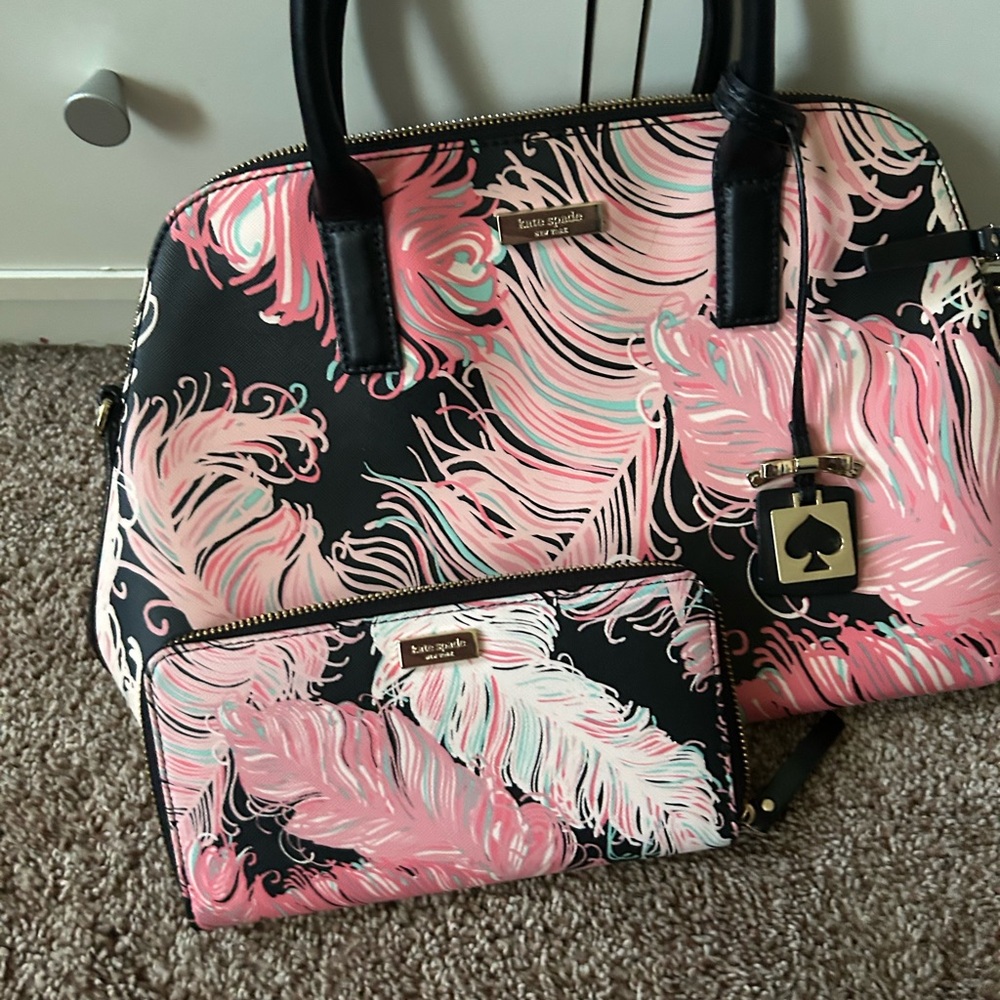 Kate Spade Black and Pink Feather Satchel And WALLET